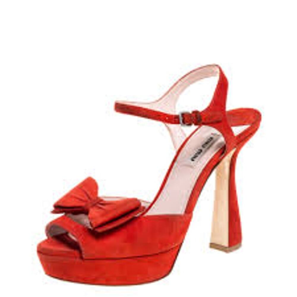 MIU MIU Flared Heel Bow Sandal Red Suede Shoes Size 37.5 US 7 7.5 PRADA Platform